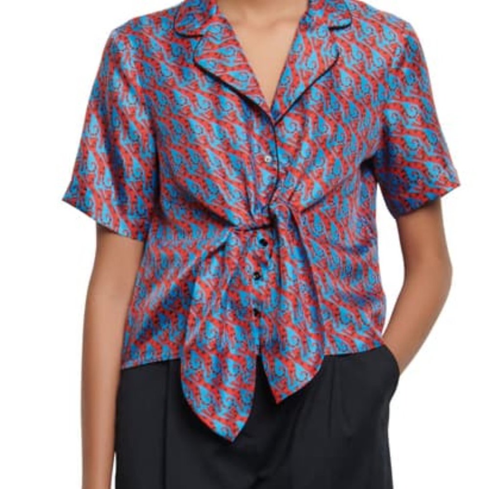 Sandro Blue Red Collared Bow Silk Buttonup Top M